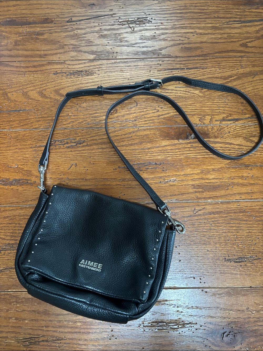 Aimee Kestenberg Wonder Double Snap Crossbody Bag Black Pebbled Leather Studs